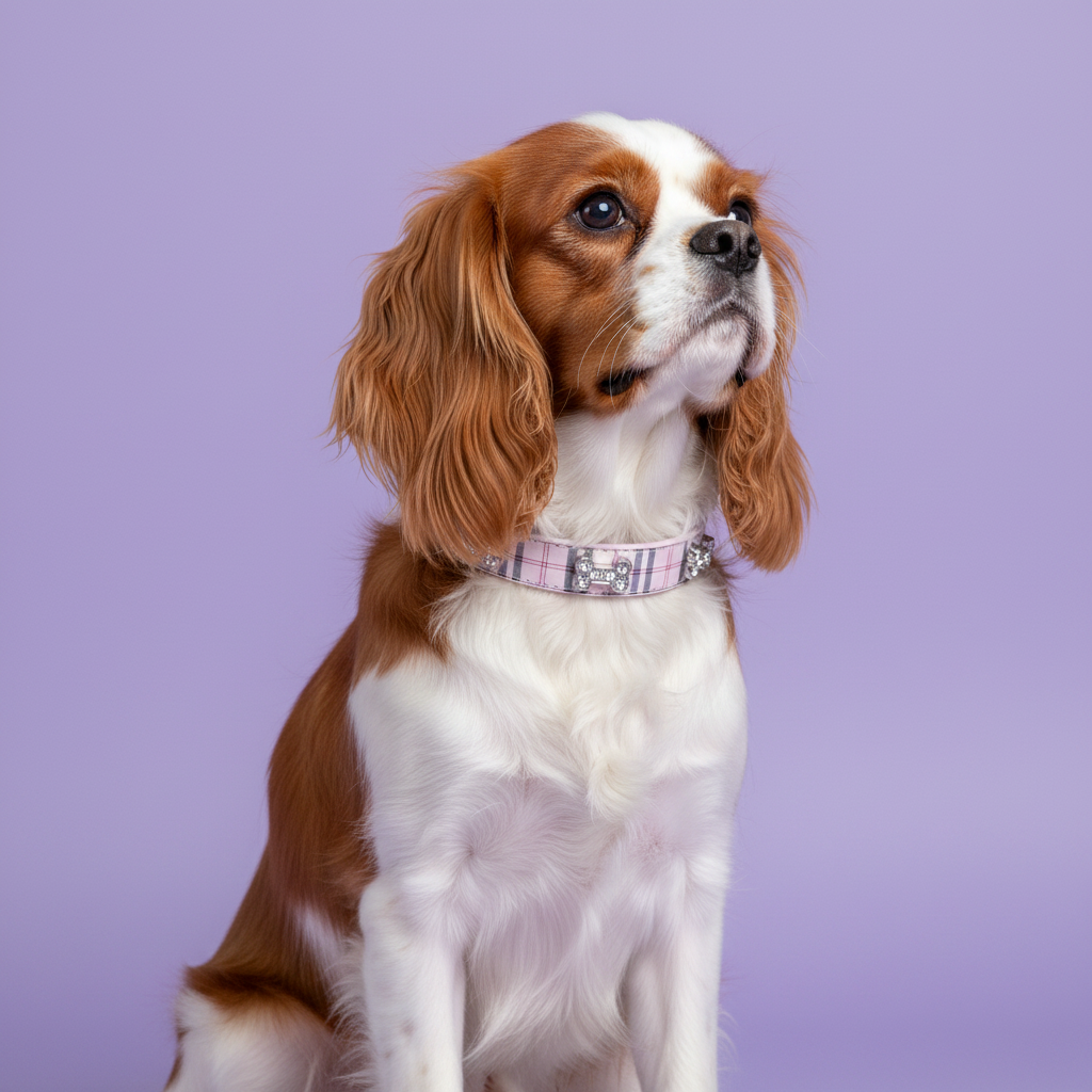 Blenheim Cavalier King Charles Spaniel sitting tall and gazing upward wearing a pink plaid rhinestone dog collar