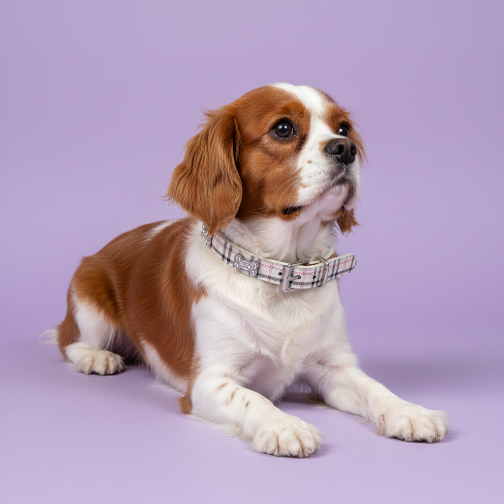 Blenheim Cavalier King Charles Spaniel lounging and gazing upward wearing a pink plaid rhinestone dog collar
