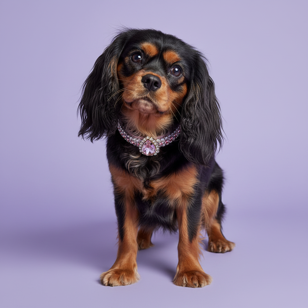 Black and tan Cavalier King Charles Spaniel sitting and facing camera with head tilted slightly upward wearing a pink AB iridescent rhinestone collar with oval pink amethyst crystal pendant, luxury gemstone dog collar for small breeds on lavender background
