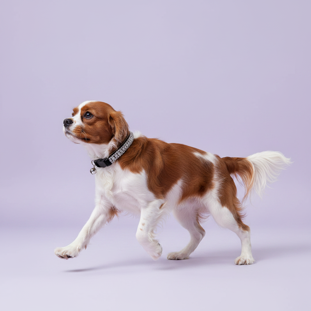 Blenheim Cavalier King Charles Spaniel mid-prance in profile view wearing a black velvet triple-row clear crystal rhinestone collar with silver bell, luxury rhinestone dog collar on lavender background