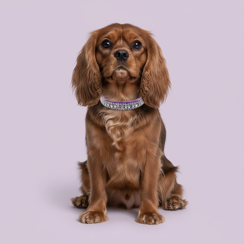 Ruby Cavalier King Charles Spaniel sitting tall and facing camera wearing a lavender velvet double-row AB iridescent crystal rhinestone collar, luxury rhinestone dog collar on lavender background