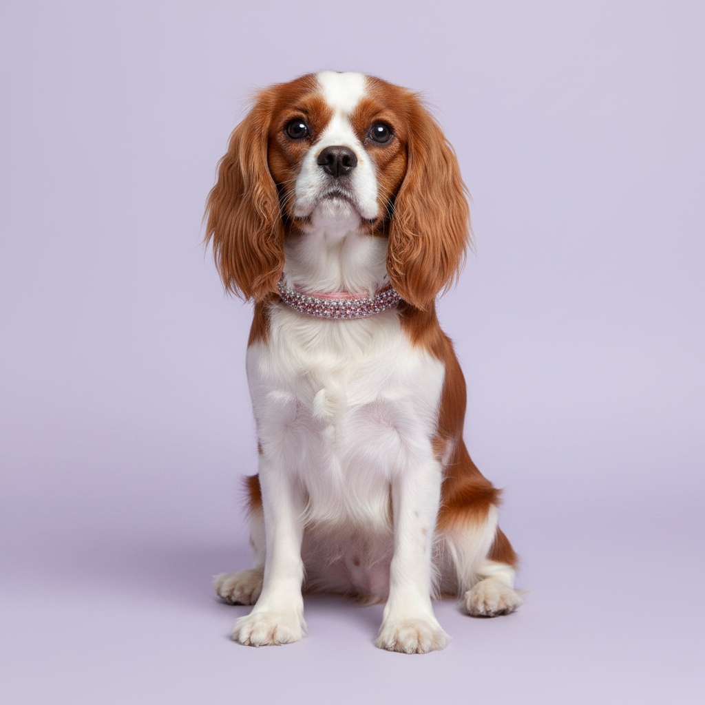 Blenheim Cavalier King Charles Spaniel sitting tall and facing camera wearing a pink triple-row crystal rhinestone collar, luxury rhinestone dog collar on lavender background