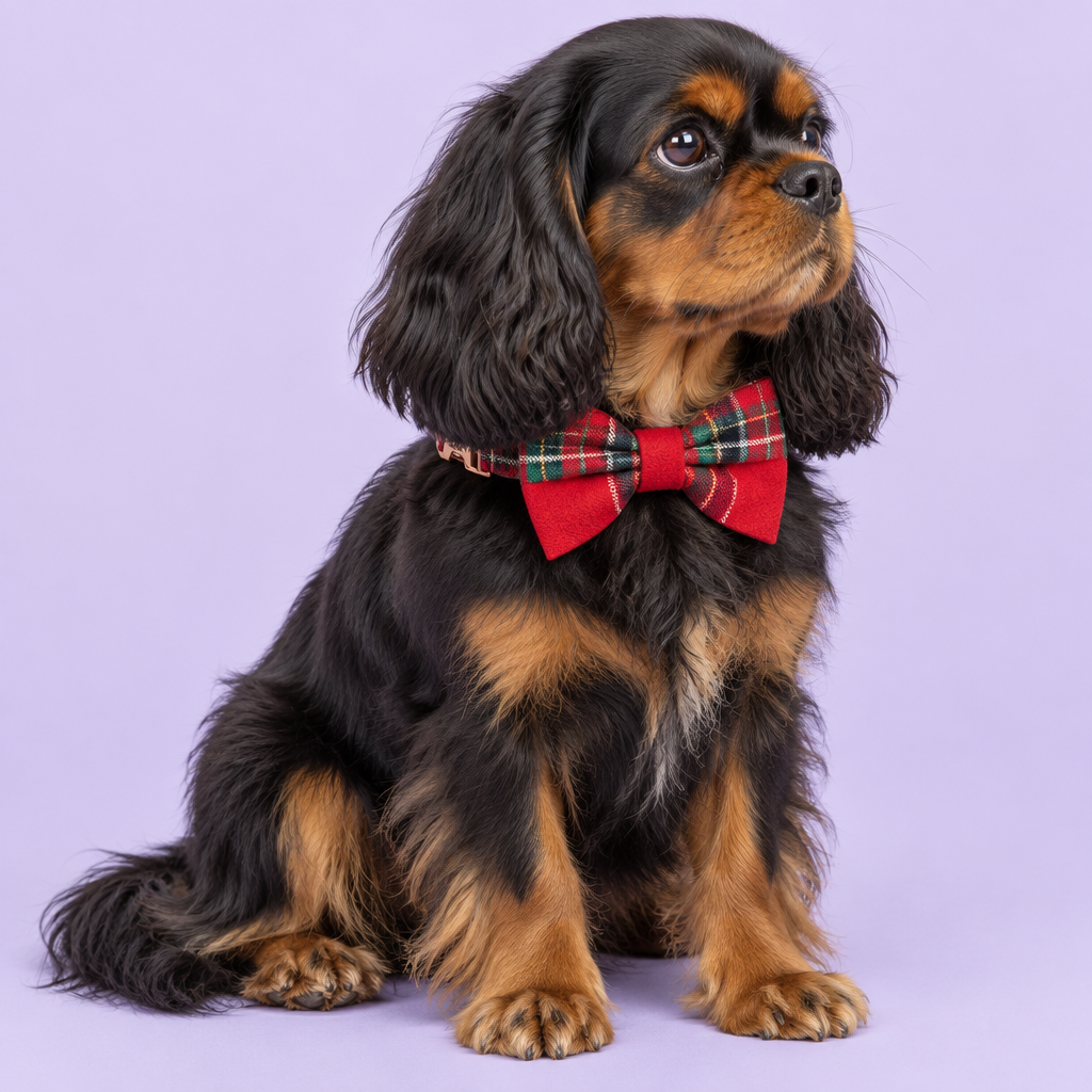 Cavalier spaniel in red tartan bow collar