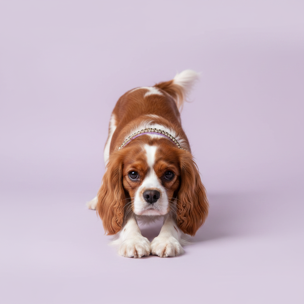 Cavalier - StretchingBlenheim Cavalier King Charles Spaniel in playful bow/stretch pose facing camera wearing a lavender velvet single-row champagne gold crystal rhinestone collar, luxury rhinestone dog collar on lavender background
