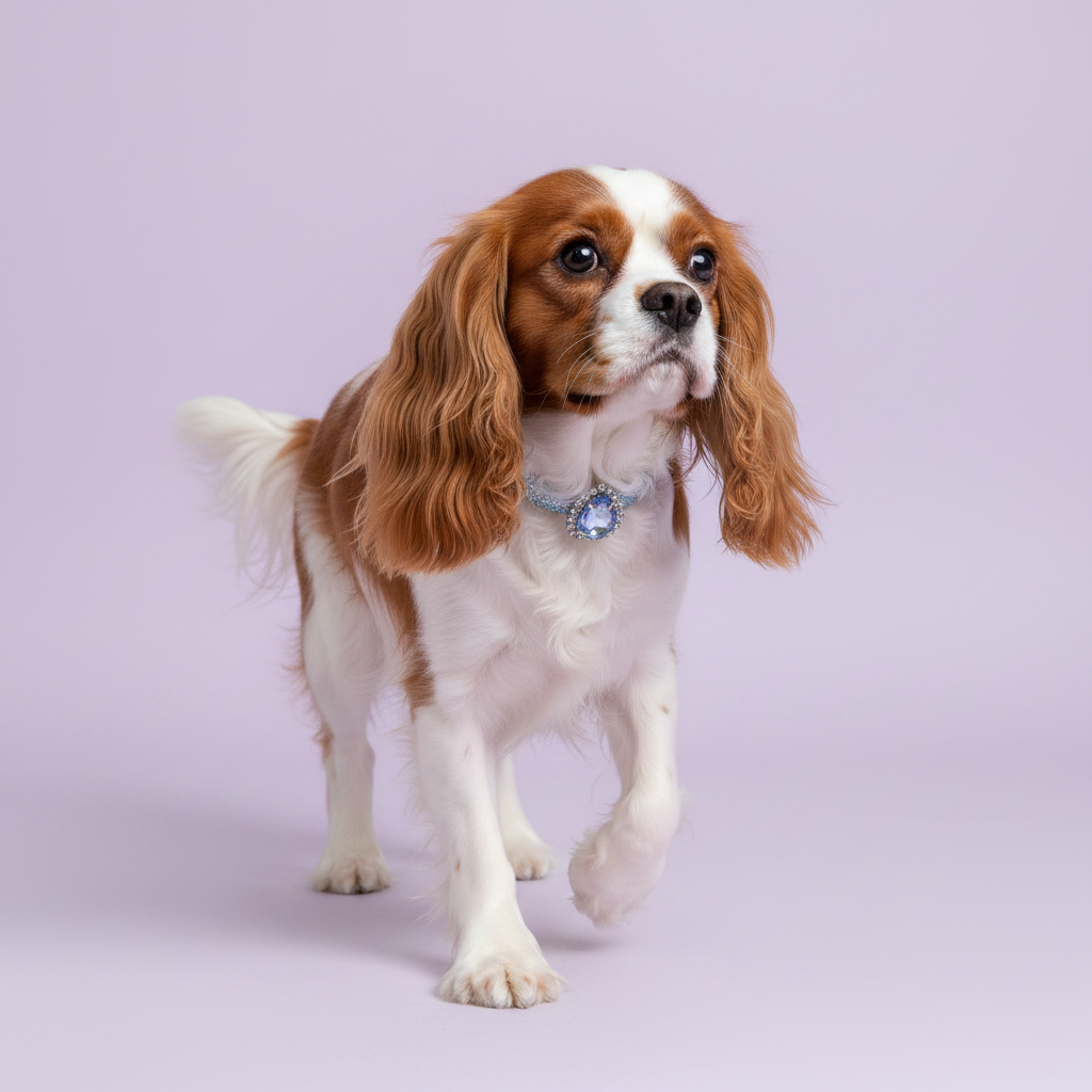 Blenheim Cavalier King Charles Spaniel trotting in three-quarter view with one paw raised wearing a blue glitter rhinestone collar with large oval blue crystal pendant, luxury bling dog collar for small breeds on lavender background