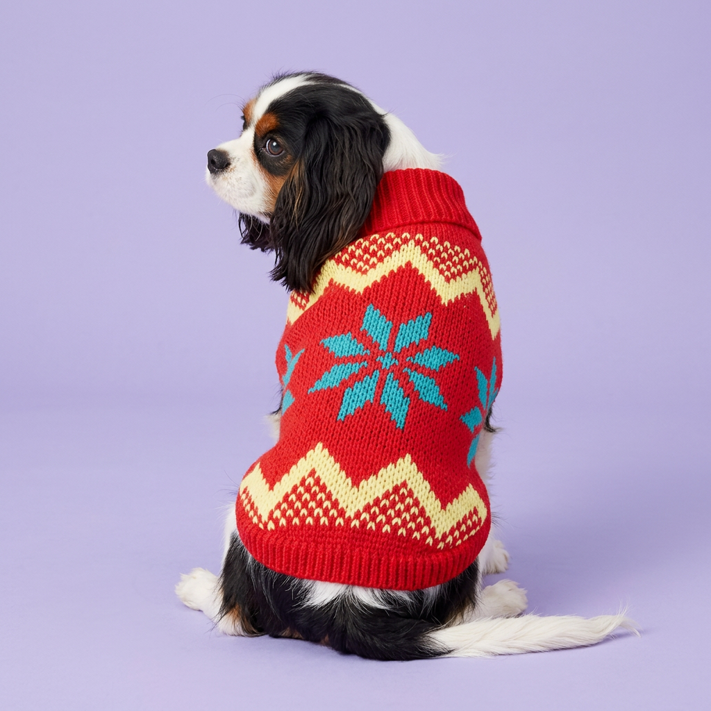 Cavalier wearing the red sweater with teal motifs