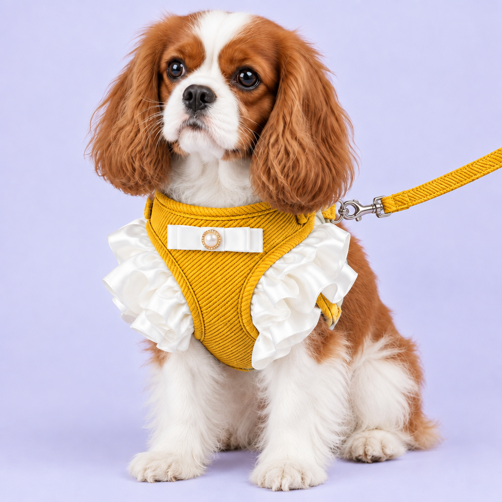 Cavalier wearing yellow harness with matching leash