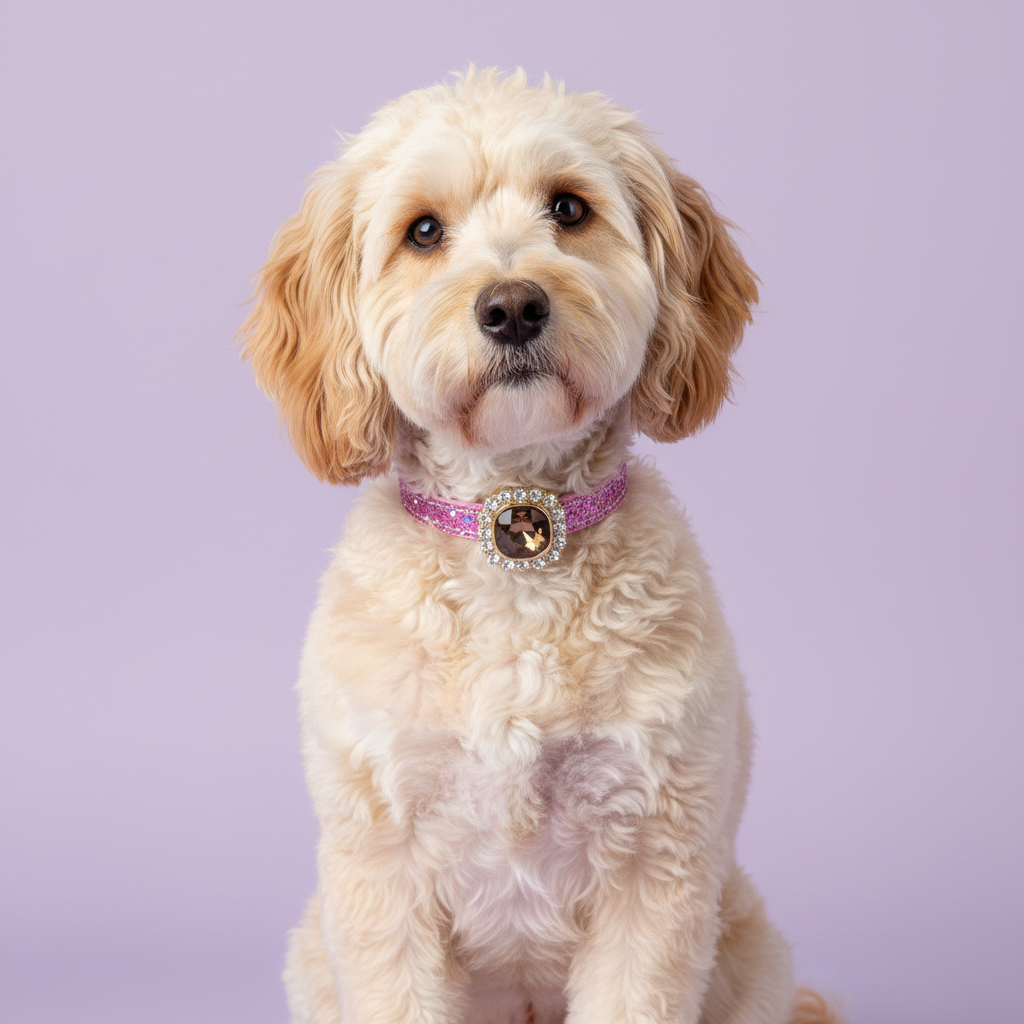 Cream Cavapoo sitting upright and facing forward wearing a pink glitter rhinestone dog collar with smoky topaz cushion-cut gem and rhinestone halo centerpiece on lavender background