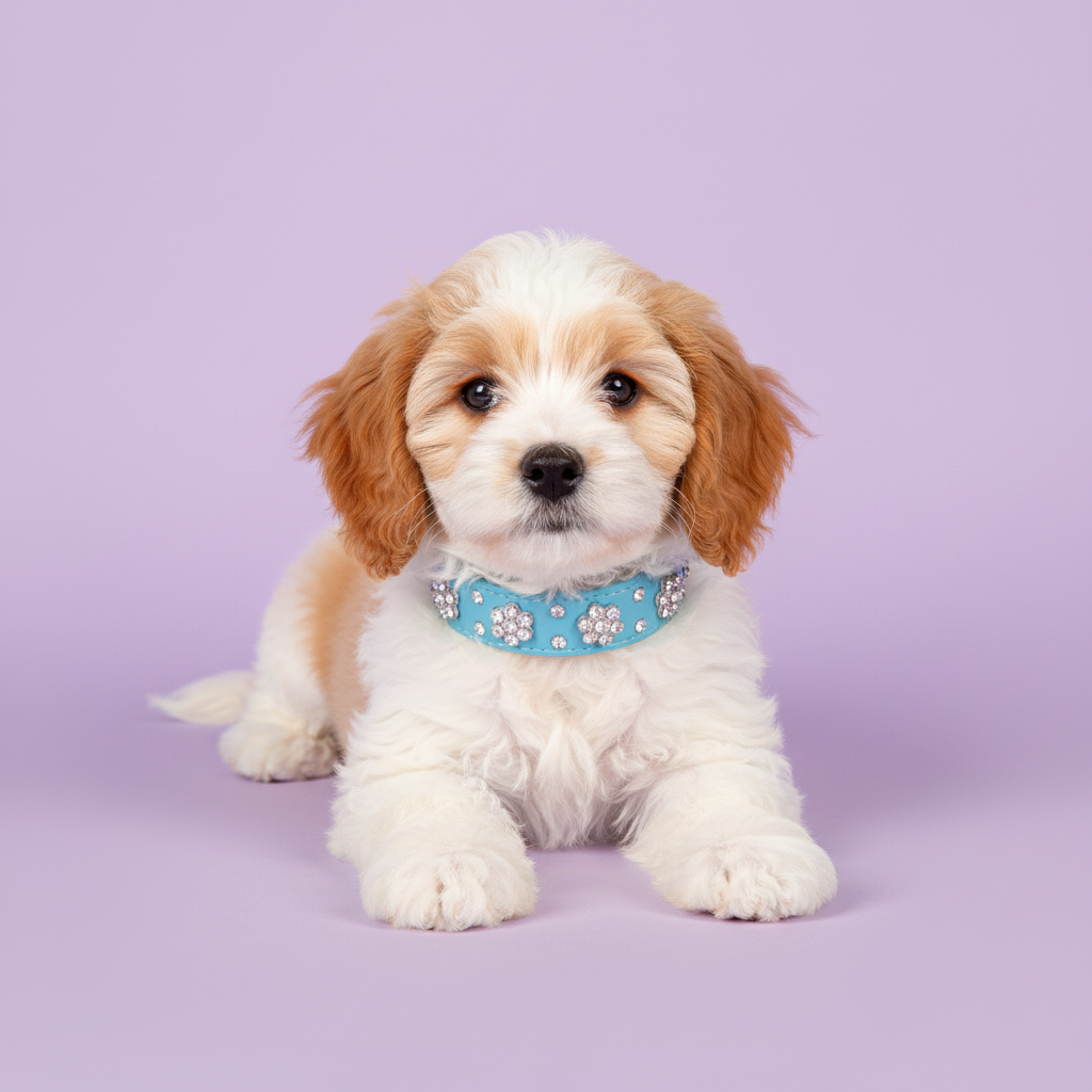 Cavapoo puppy wearing a blue rhinestone collar against a soft lavender studio background.