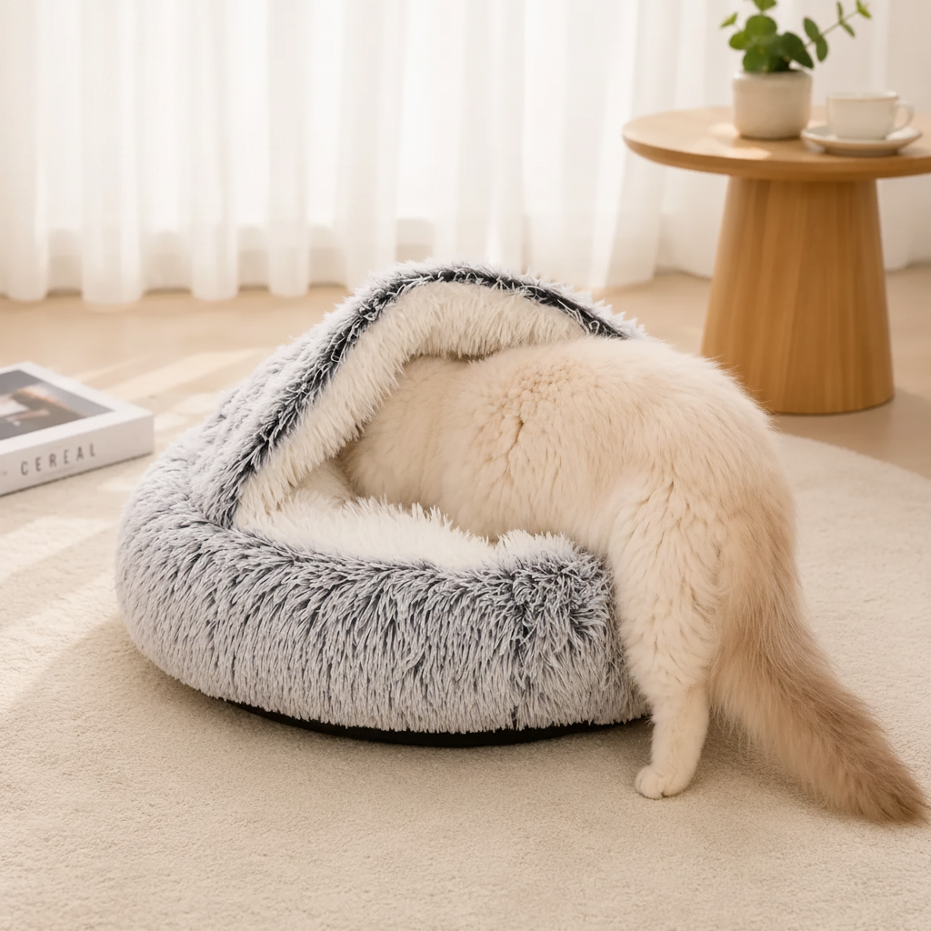 White fluffy cat burrowing into a grey long-pile plush hooded cave pet bed on a cream rug in a cozy home setting