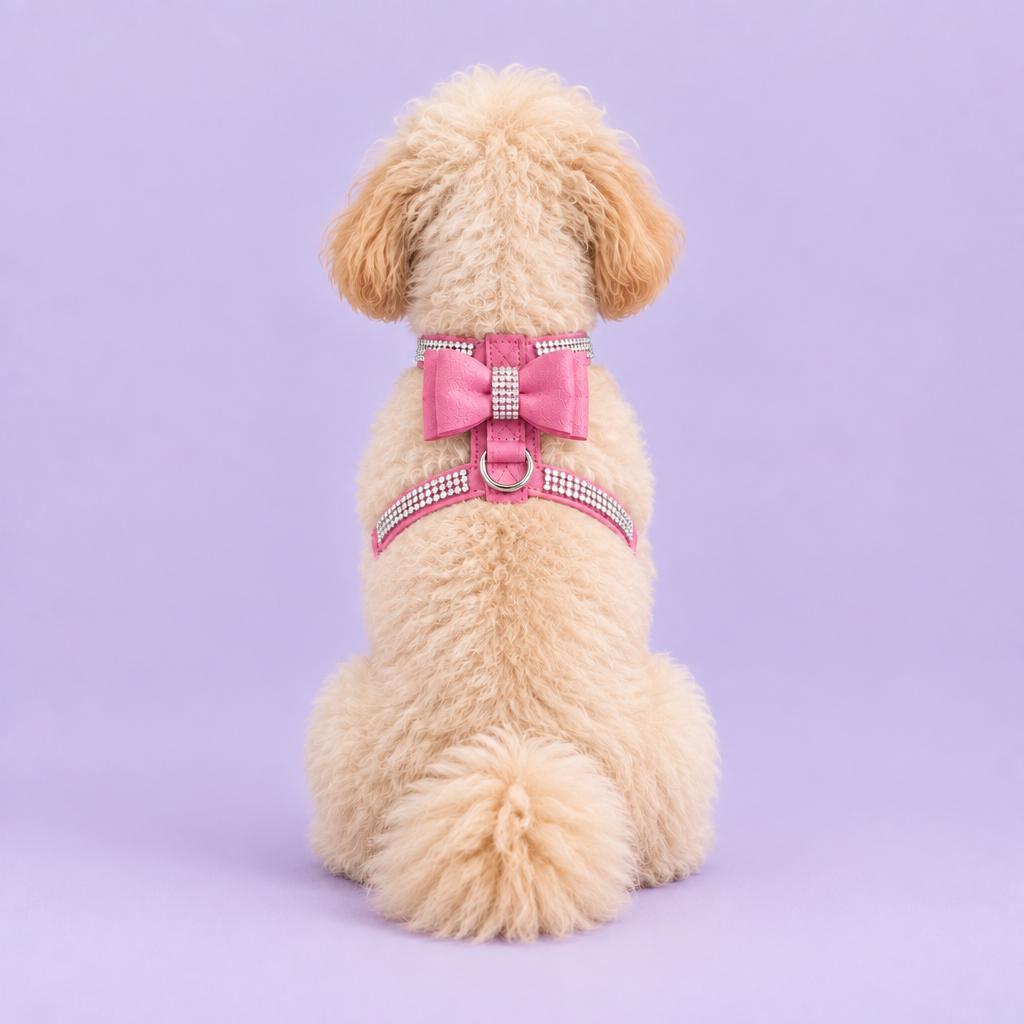 Centered rear-facing dog in the pink harness