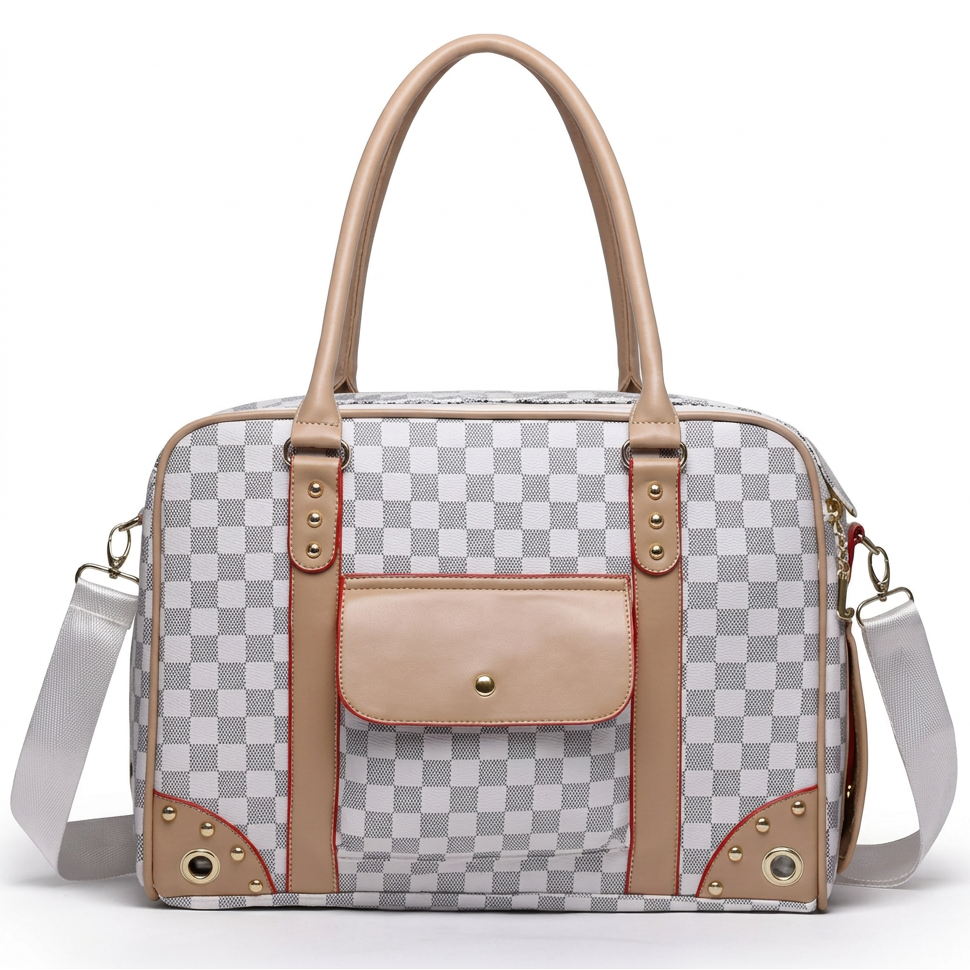 Centered square product image of the checkered pet carrier