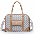 Centered square product image of the checkered pet carrier