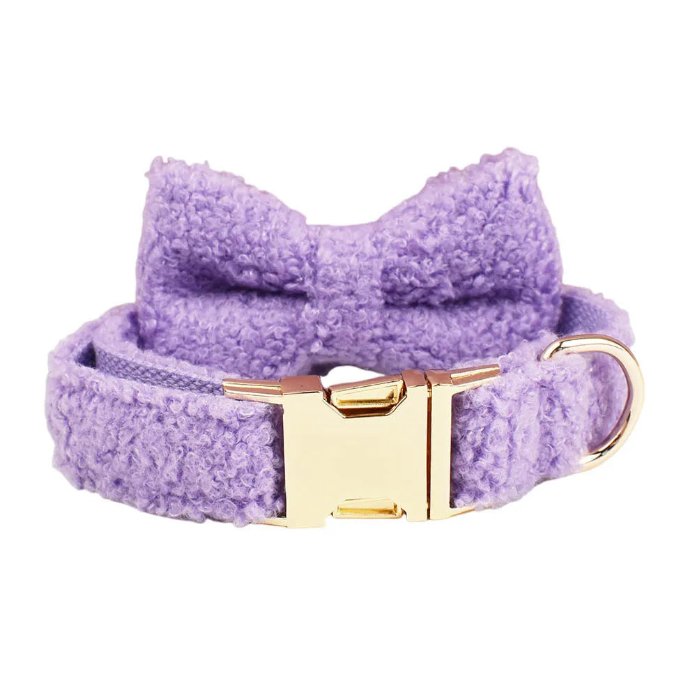 Light Purple Teddy Fleece Dog Collar, Bow Tie & Leash Set