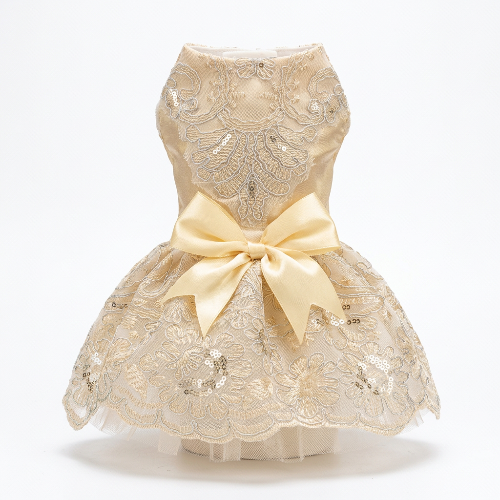 Champagne embroidered pet dress with satin bow on a clean white background