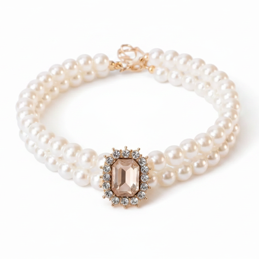Double-strand pearl pet collar with champagne emerald-cut crystal centerpiece and gold hardware