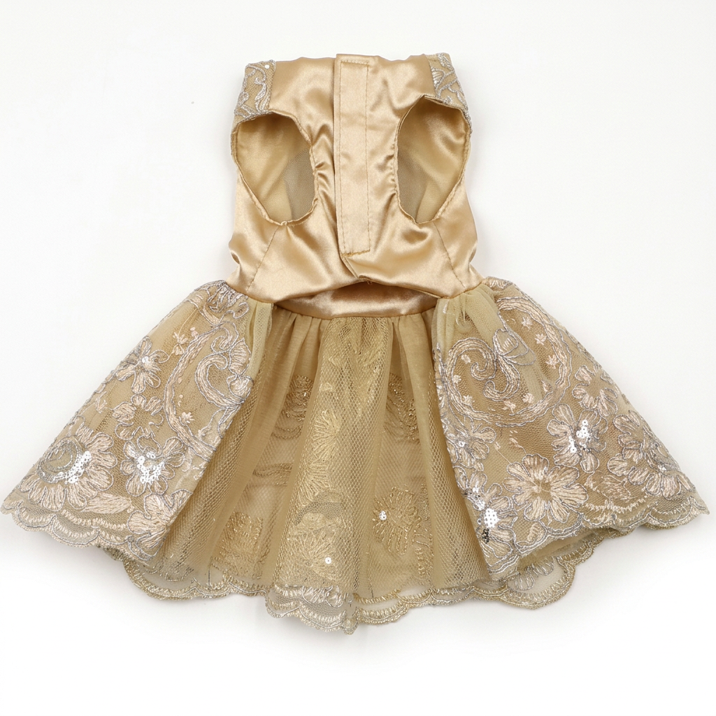 Champagne-gold embroidered pet dress on a white background
