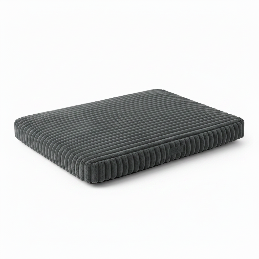 Charcoal grey chunky corduroy rectangular pet mat with ribbed texture and rounded corners, photographed on a white background.