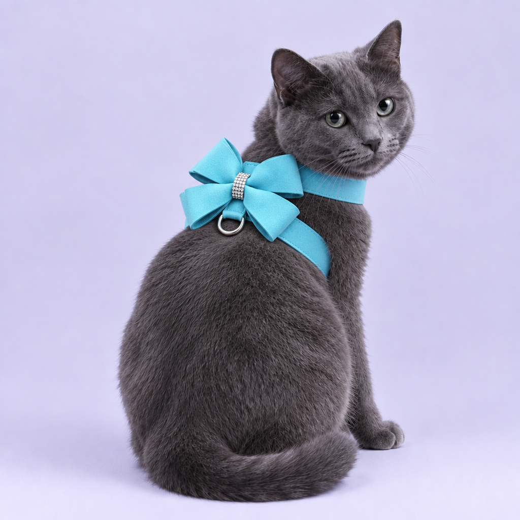 Chartreux with corrected blue harness
