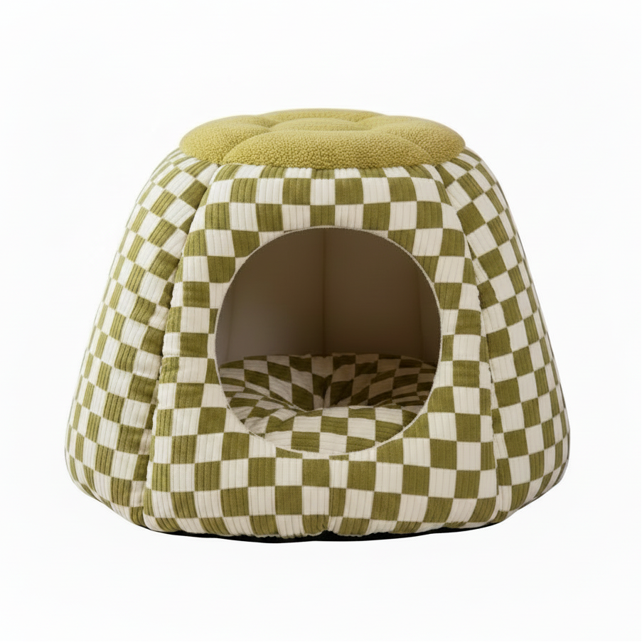 Olive green and cream checkerboard print igloo cave pet bed with a round tufted olive green boucle top, circular arched entrance, and matching checkered interior cushion, on a white background