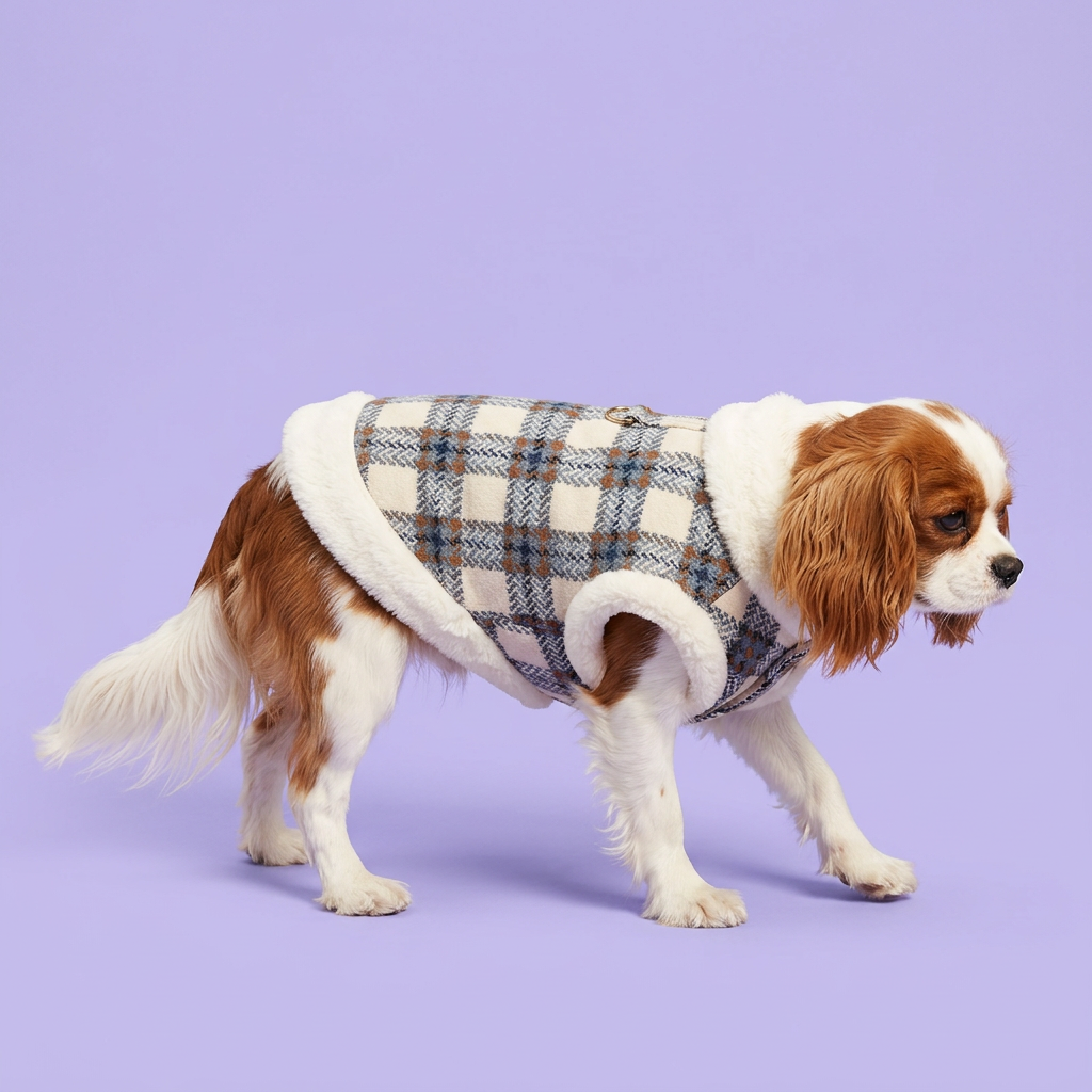 Chestnut-and-white Cavalier gently stepping in the plaid jacket