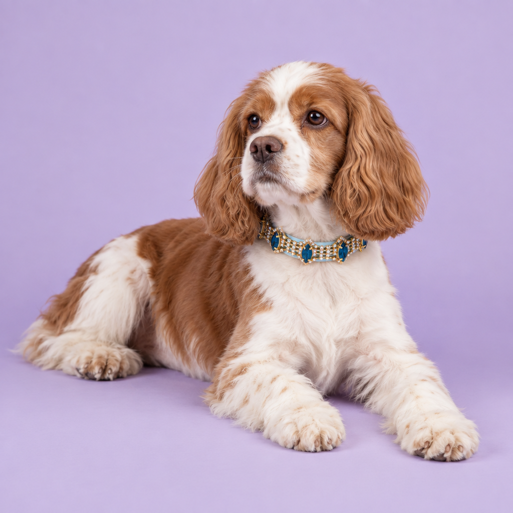Chestnut-and-white Cocker spaniel lounging