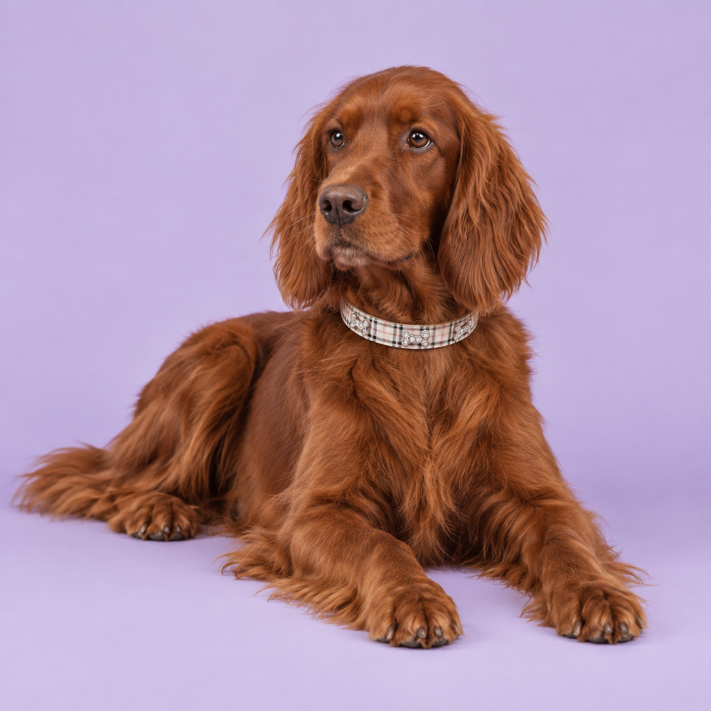 Chestnut Irish setter lounging with paws extended
