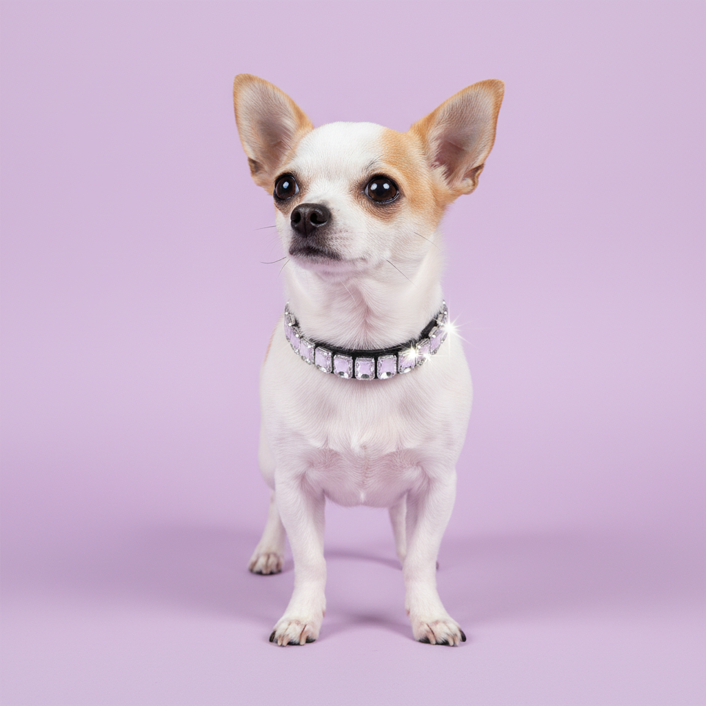 Chihuahua wearing a clear crystal rhinestone collar against a soft lavender studio background.