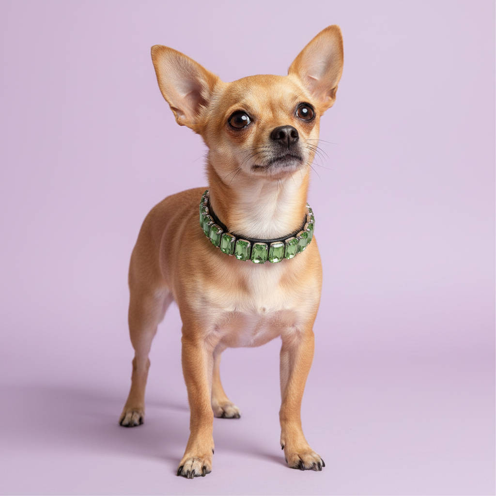 Chihuahua wearing a green rhinestone collar against a soft lavender studio background.