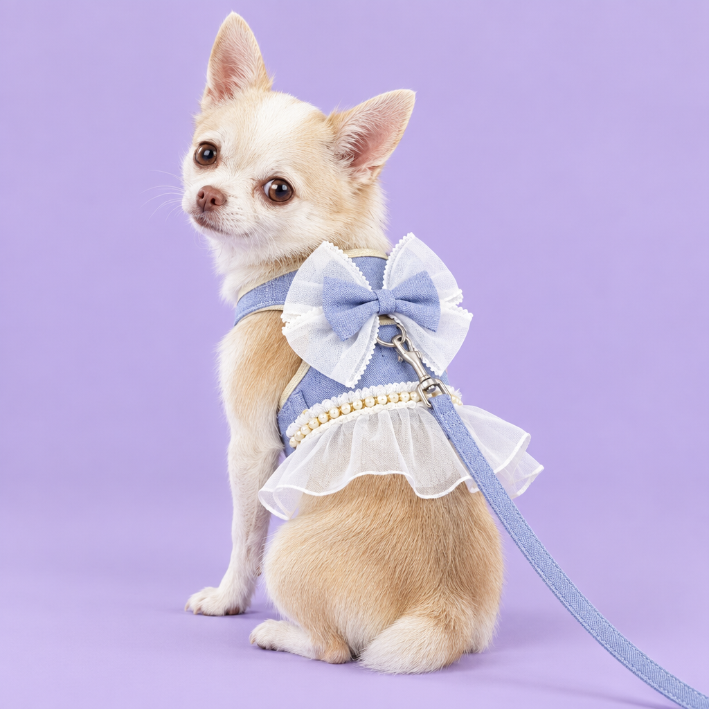 Chihuahua in blue ruffled harness on lavender