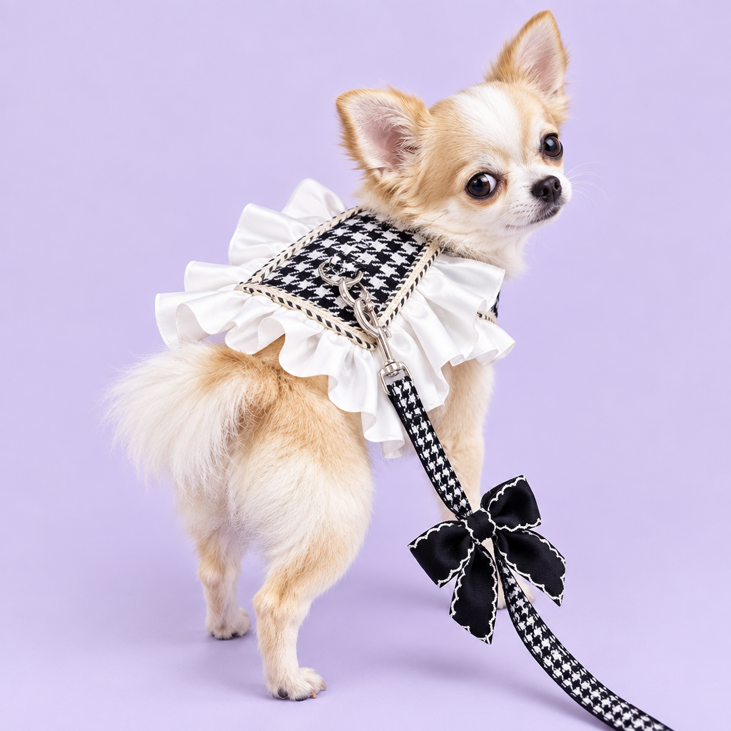 Chihuahua in houndstooth harness with leash