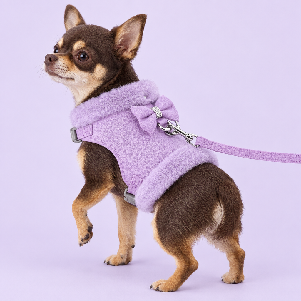 Chihuahua in lavender harness