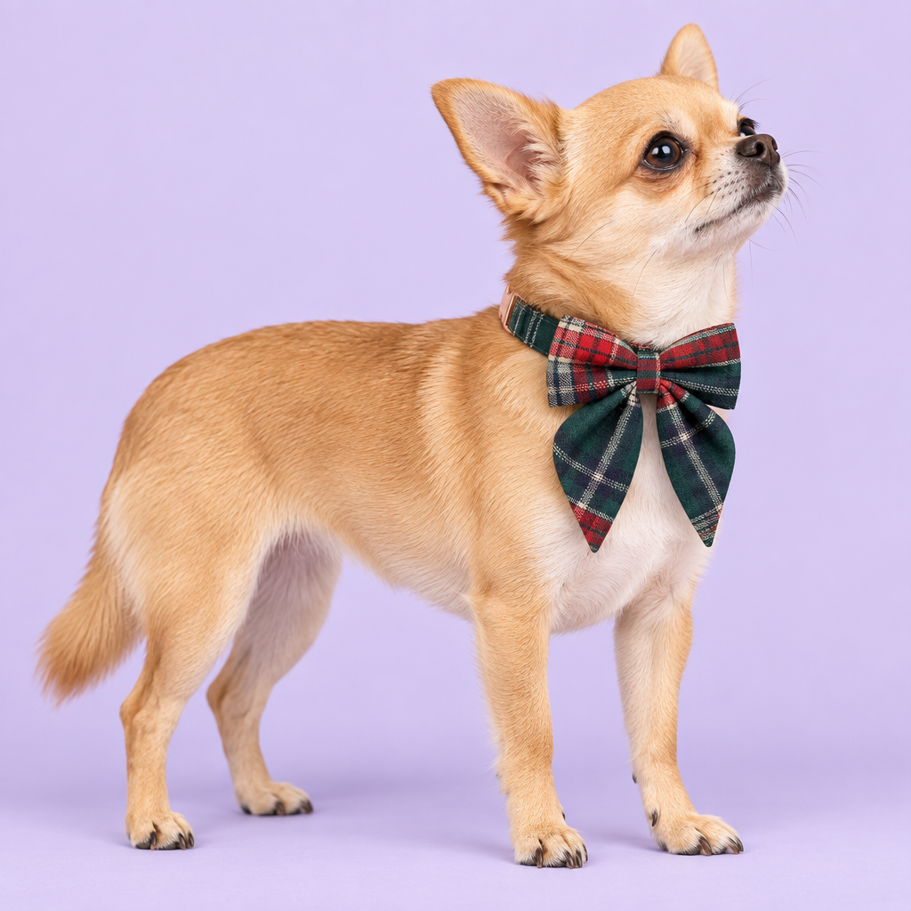 Chihuahua in long-tail plaid bow collar