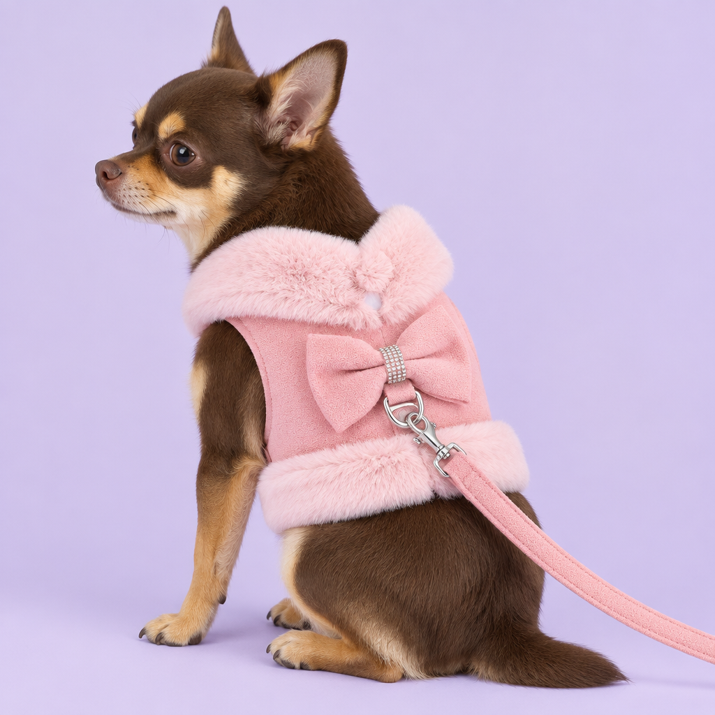 Chihuahua in pink harness and leash