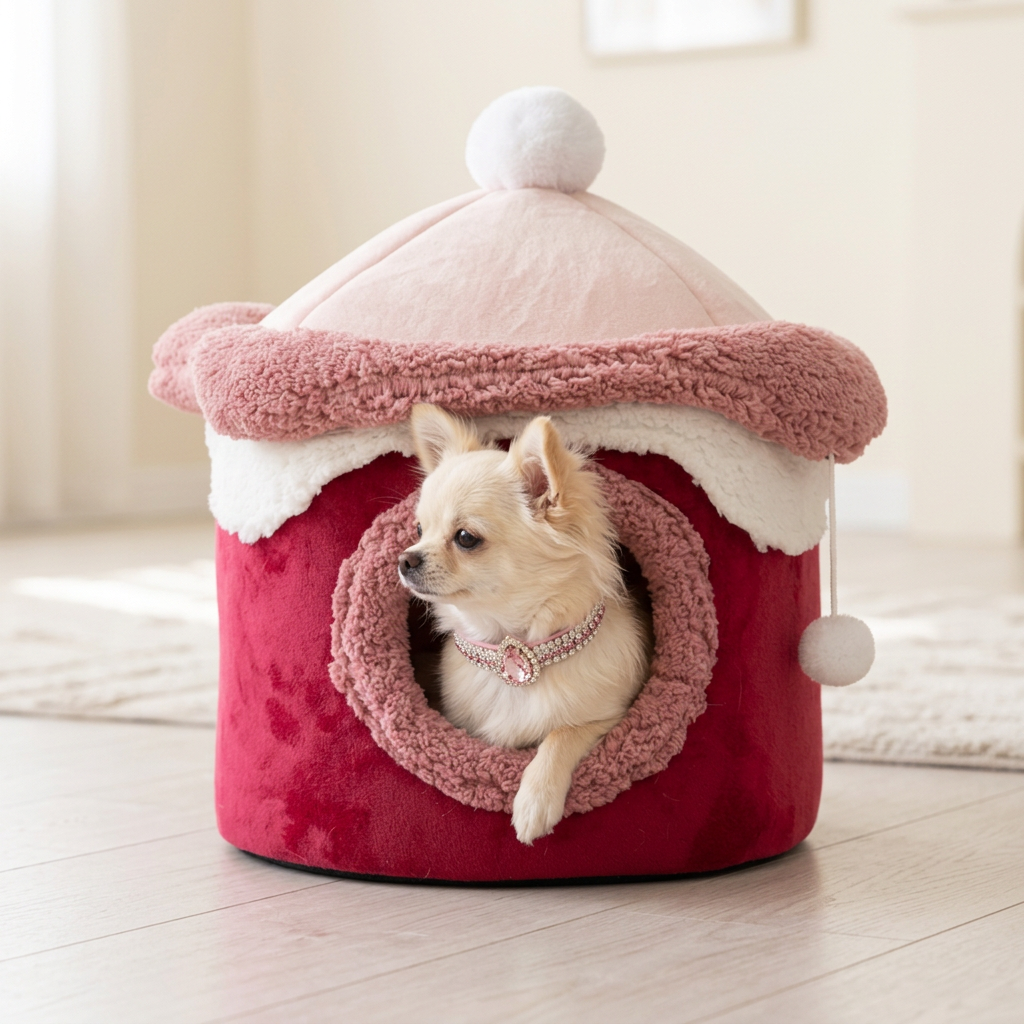 Chihuahua in raspberry pet house wearing pink gemstone collar