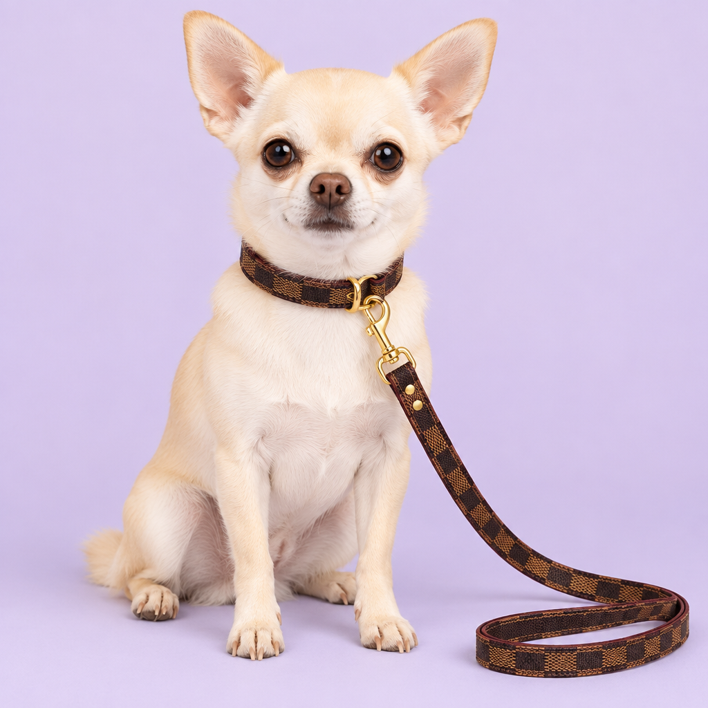 Chihuahua in the brown checkered collar and leash