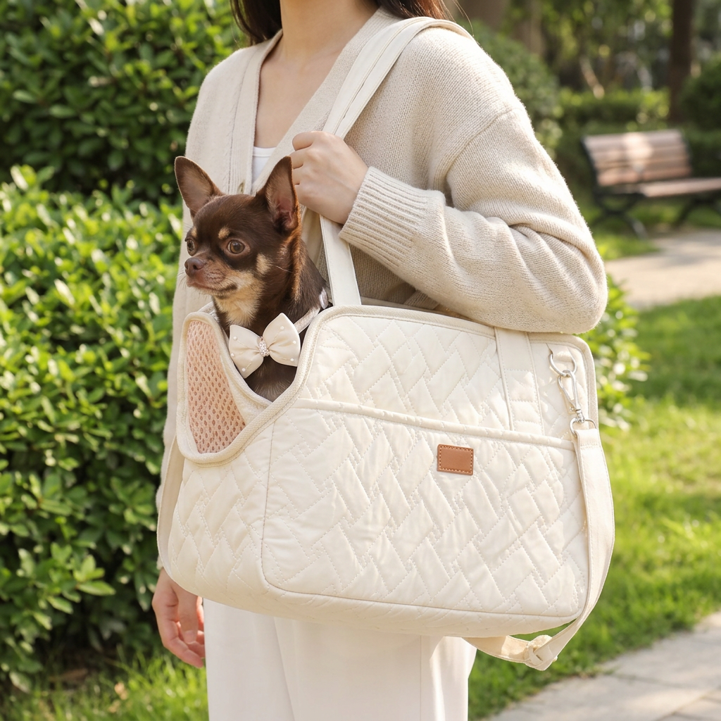 Chihuahua in the cream quilted carrier on a sunny garden walk, lifestyle mockup
