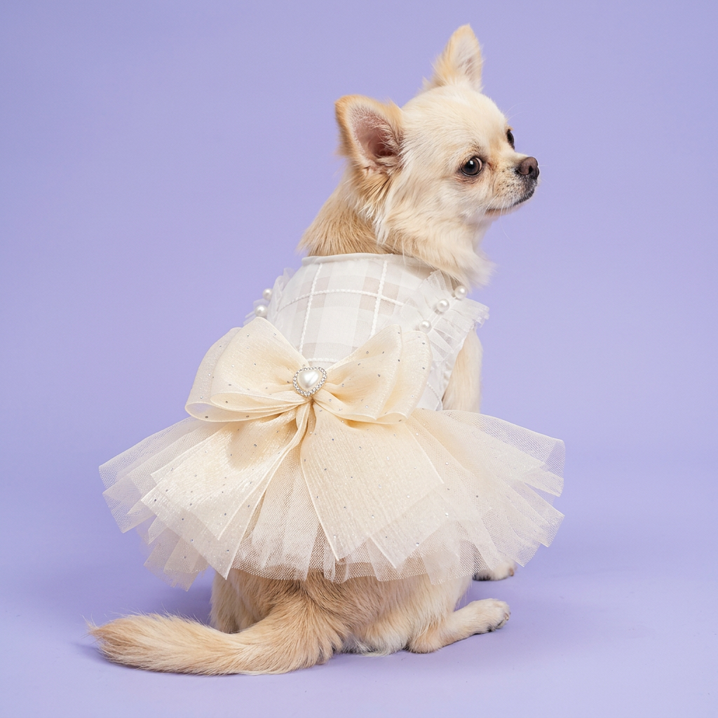 Chihuahua in the ivory pearl-bow dress