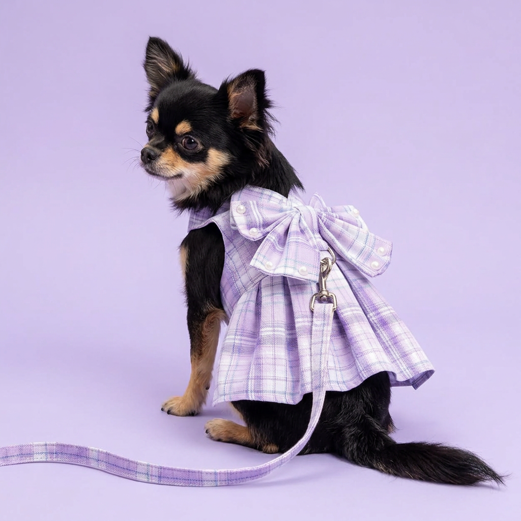 Chihuahua in the lavender plaid dress with matching leash