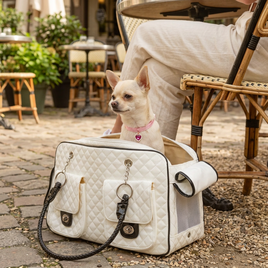 Chihuahua in the white quilted carrier wearing the pink heart-charm collar