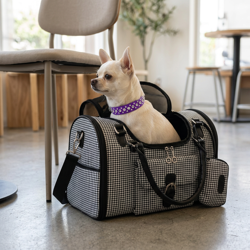 Chihuahua lifestyle mockup in the houndstooth carrier at a café