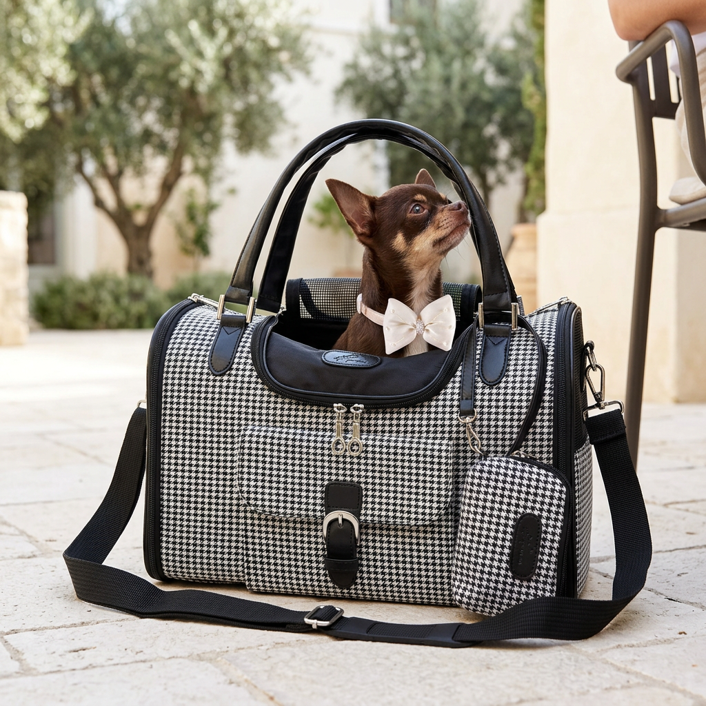 Chihuahua lifestyle mockup in the houndstooth carrier