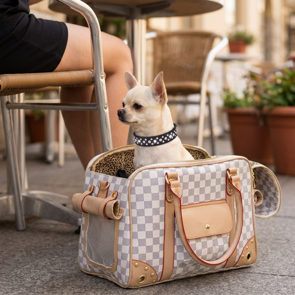 Chihuahua lifestyle mockup with checkered carrier and black rhinestone collar