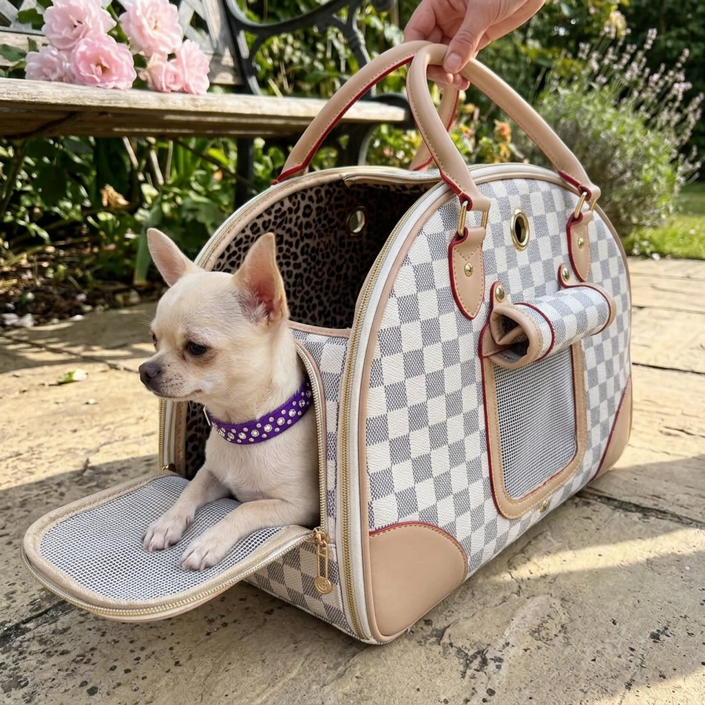 Chihuahua lifestyle mockup with checkered carrier and purple rhinestone collar