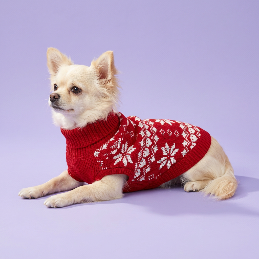 Chihuahua lounging diagonally in the red sweater