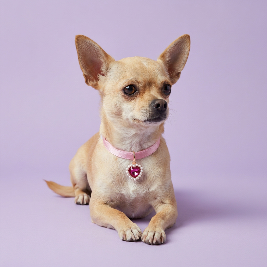 Chihuahua lounging in pink heart-pendant collar