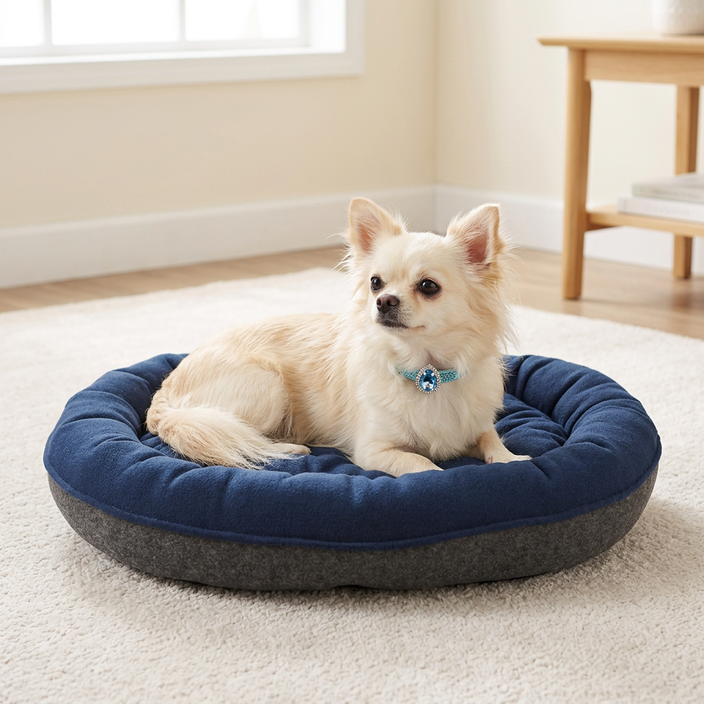 Chihuahua on navy bed wearing blue collar