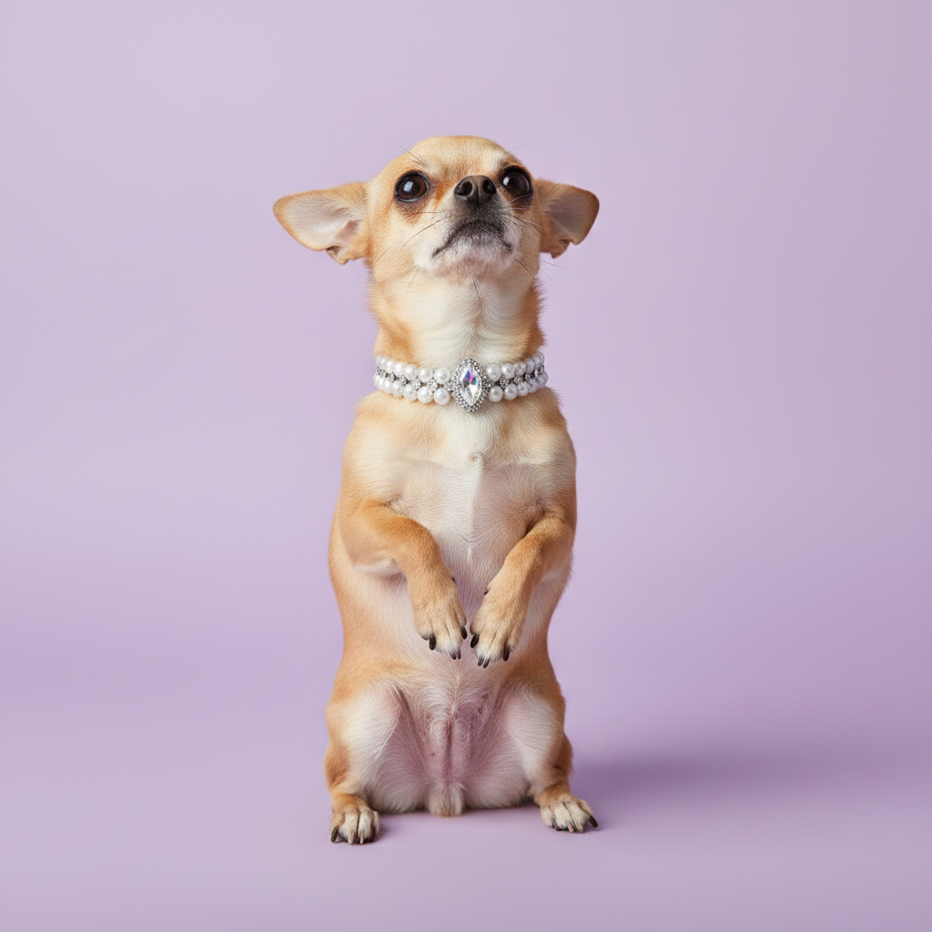 Fawn Chihuahua sitting up on hind legs in a begging pose and looking upward, wearing the double-strand white pearl collar with a marquise-cut crystal centerpiece, on a soft lavender background — real lifestyle photo