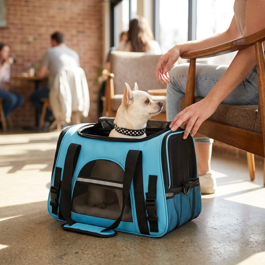 Chihuahua peeking through the blue carrier’s top opening, lifestyle mockup