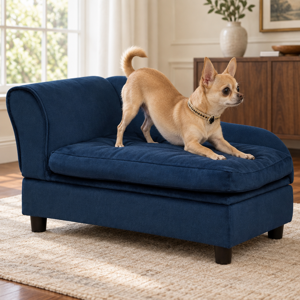 Chihuahua playing on the blue couch